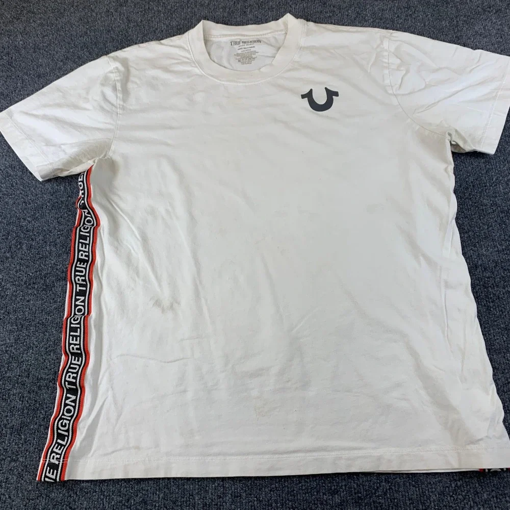 True Religion Mens White Side Logo Tape Horseshoe Graphic T-Shirt 2XL